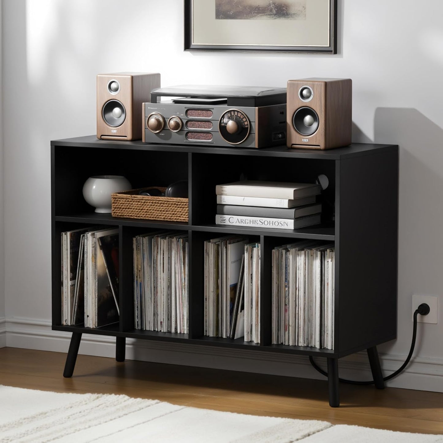 Cozy Castle Record Player Stand with Vinyl Storage Cabinet, Wood Turntable Table Open Shelf Holder Up to 350 Albums Cube Storage Organizer for Living Room, Office, Brown