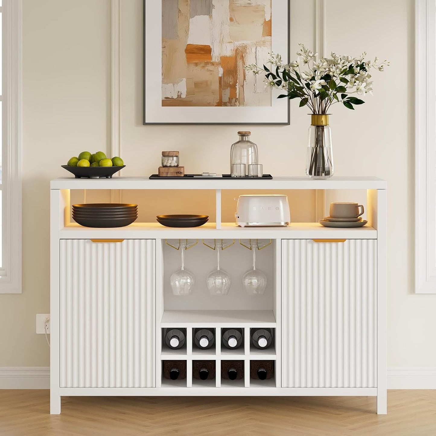 Fluted Home Bar Wine Cabinet with LED Light, Charging Station, Wine Rack - Buffet Cabinet with Storage, Coffee Bar Table, Stylish Fluted Credenza Cabinet for Modern Home Kitchen 47.2" Black