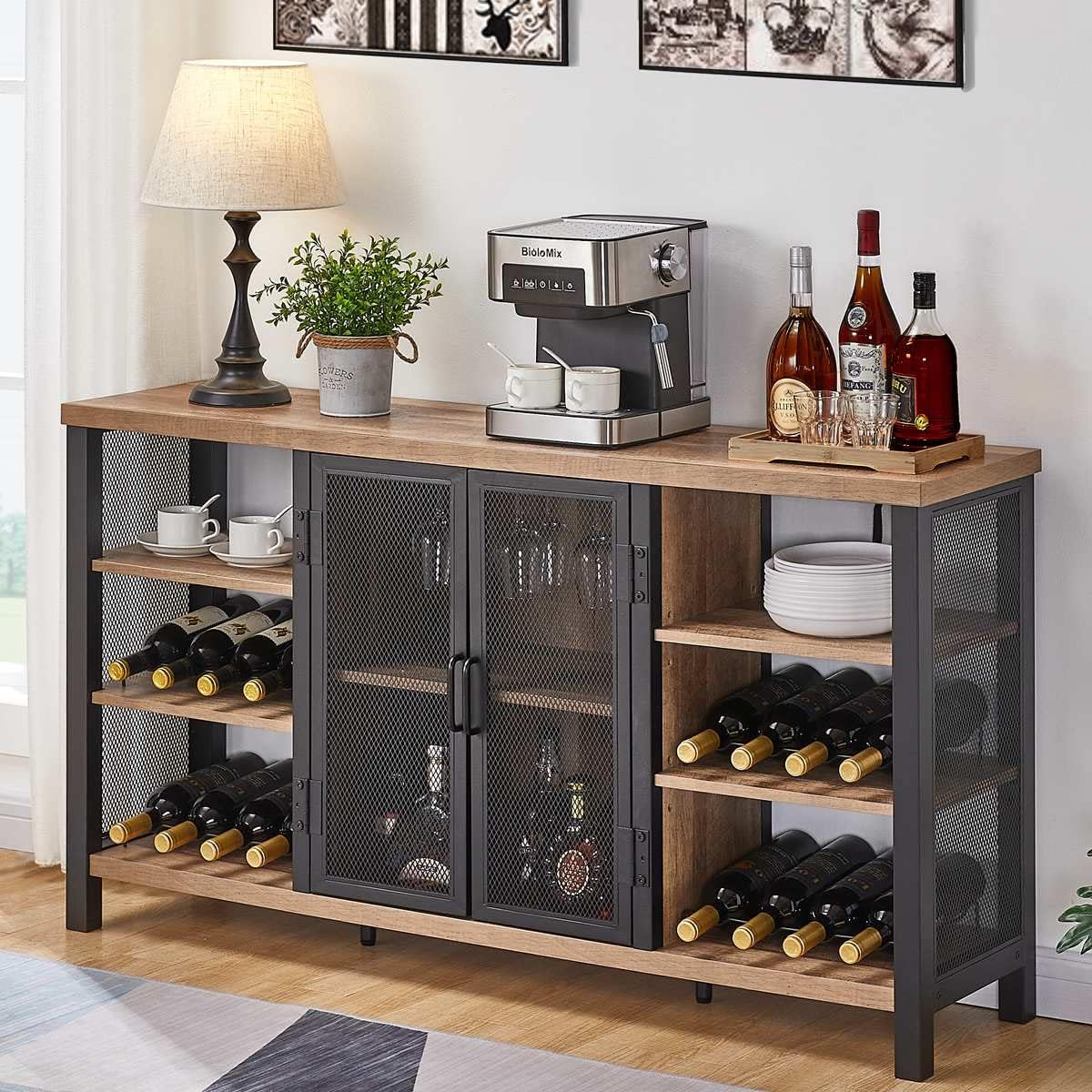 FATORRI Industrial Wine Bar Cabinet for Liquor and Glasses, Wood Coffee Bar with Wine Rack, Metal Sideboard and Buffet Cabinet (55 Inch, Walnut Brown)