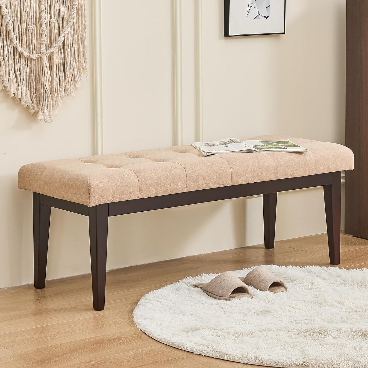 47.2" Button-Tufted Entryway Bench, Upholstered Faux Leather Ottoman Bedroom Bench, Rubberwood End of Bed Footrest Stool, Bench for Entryway Dining Room Living Room Bedroom, 300 LB, Brown