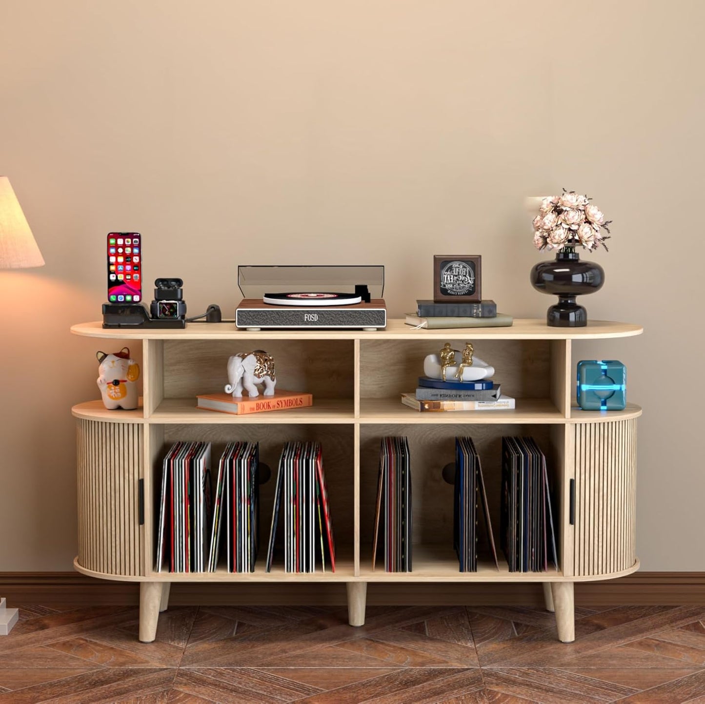 Large Round Record Player Stand with Charging Station & USB Ports,Record Storage Cabinet, Mid Century Modern Turntable Stand for Bedroom Living Room (Small Brown)