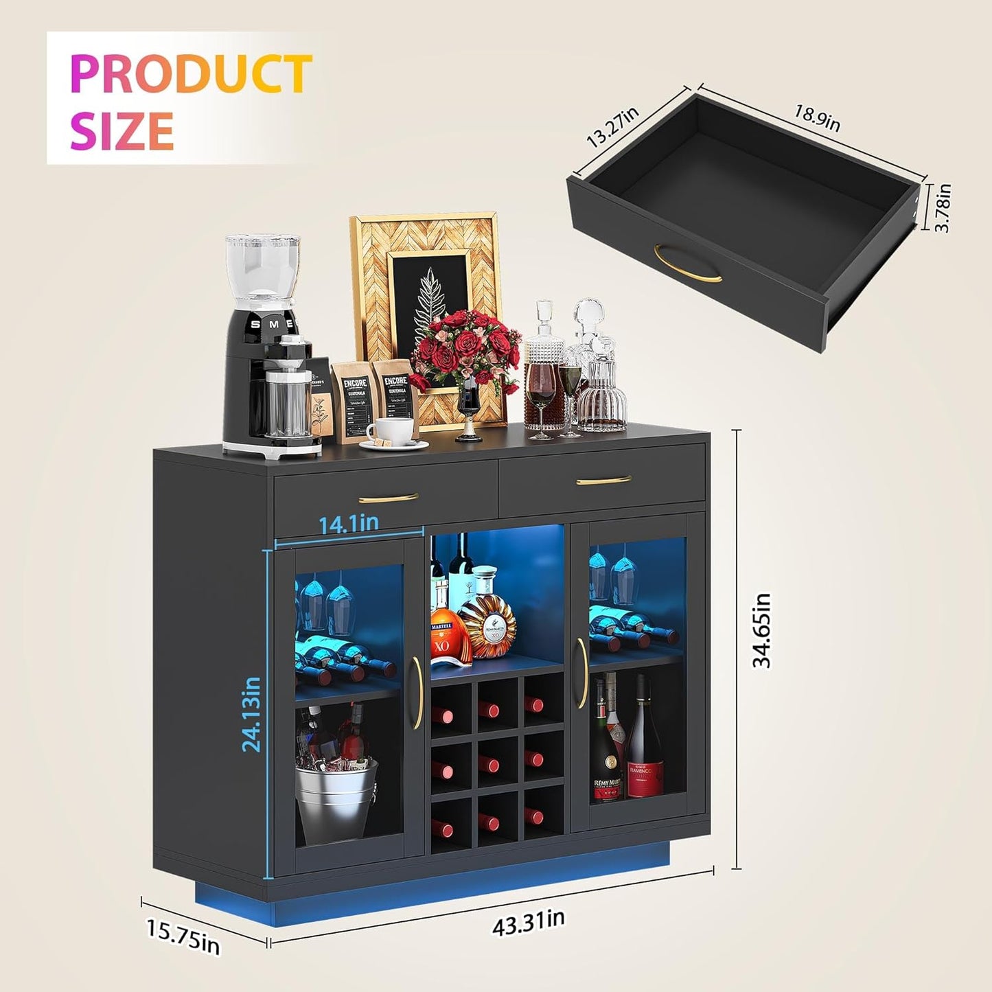 Wine Bar Cabinet with LED Lights, Coffee Bar Cabinet with Wine and Glass Rack, Black Bar Cabinet Liquor Cabinet, Kitchen Buffet Sideboard with Storage for Living Room, Dining Room