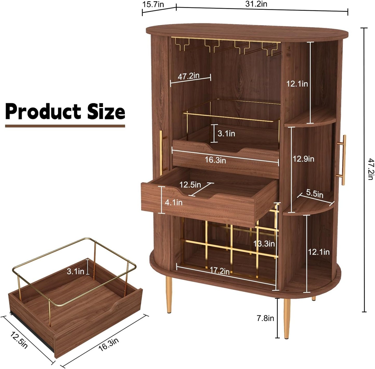 ARTPOWER Wooden Wine Bar Cabinet with Tambour Door 16-Bottle Wine Rack, Glass Stemware Holder, Coffee Bar Station Liquor Storage Cabinet for Home, Living Room, Kitchen, Brown