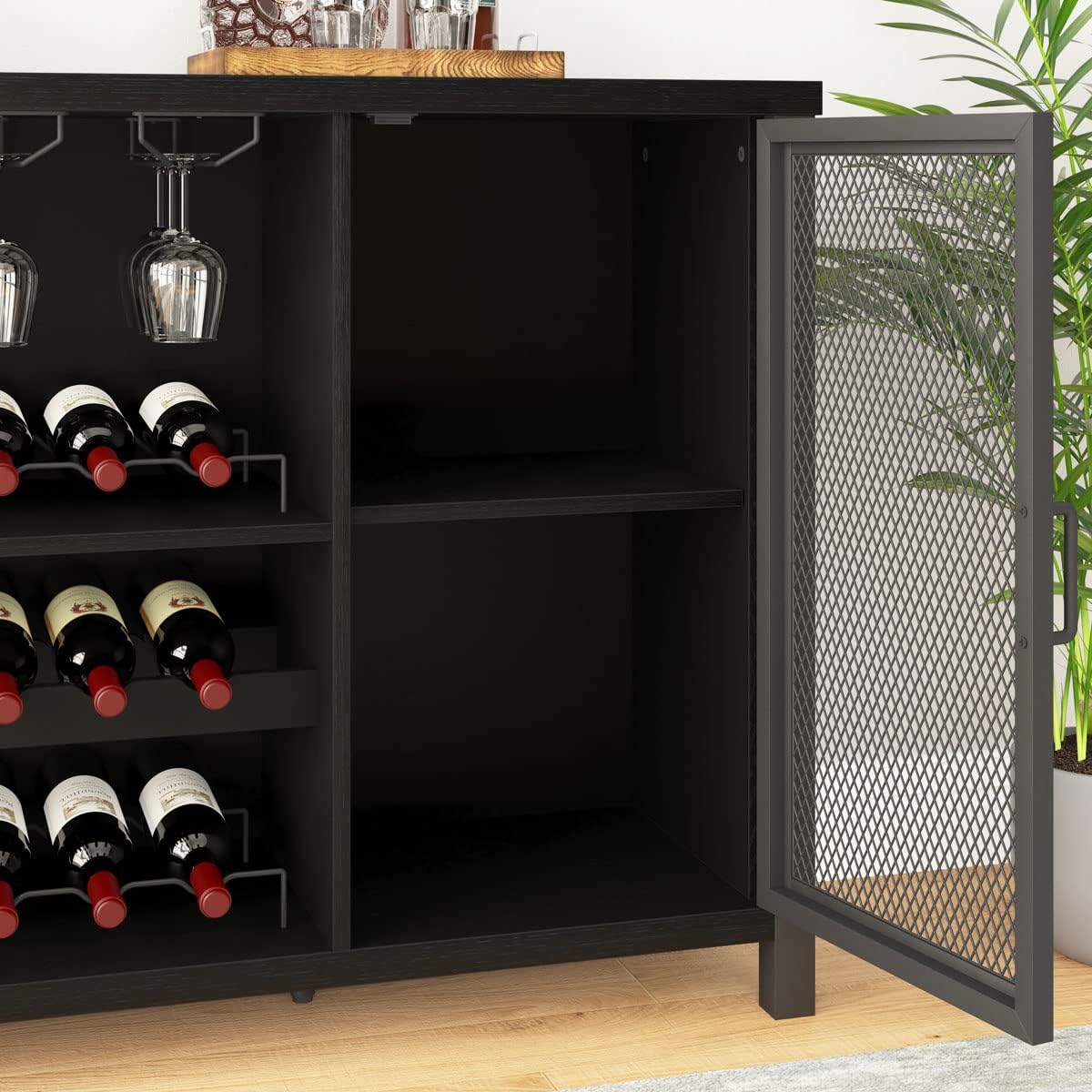 IBF Black Coffee Bar and Liquor Cabinet With Wine Rack Storage, Industrial Kitchen Buffet for Home Living Dining Room, Black Oak, 55 Inch