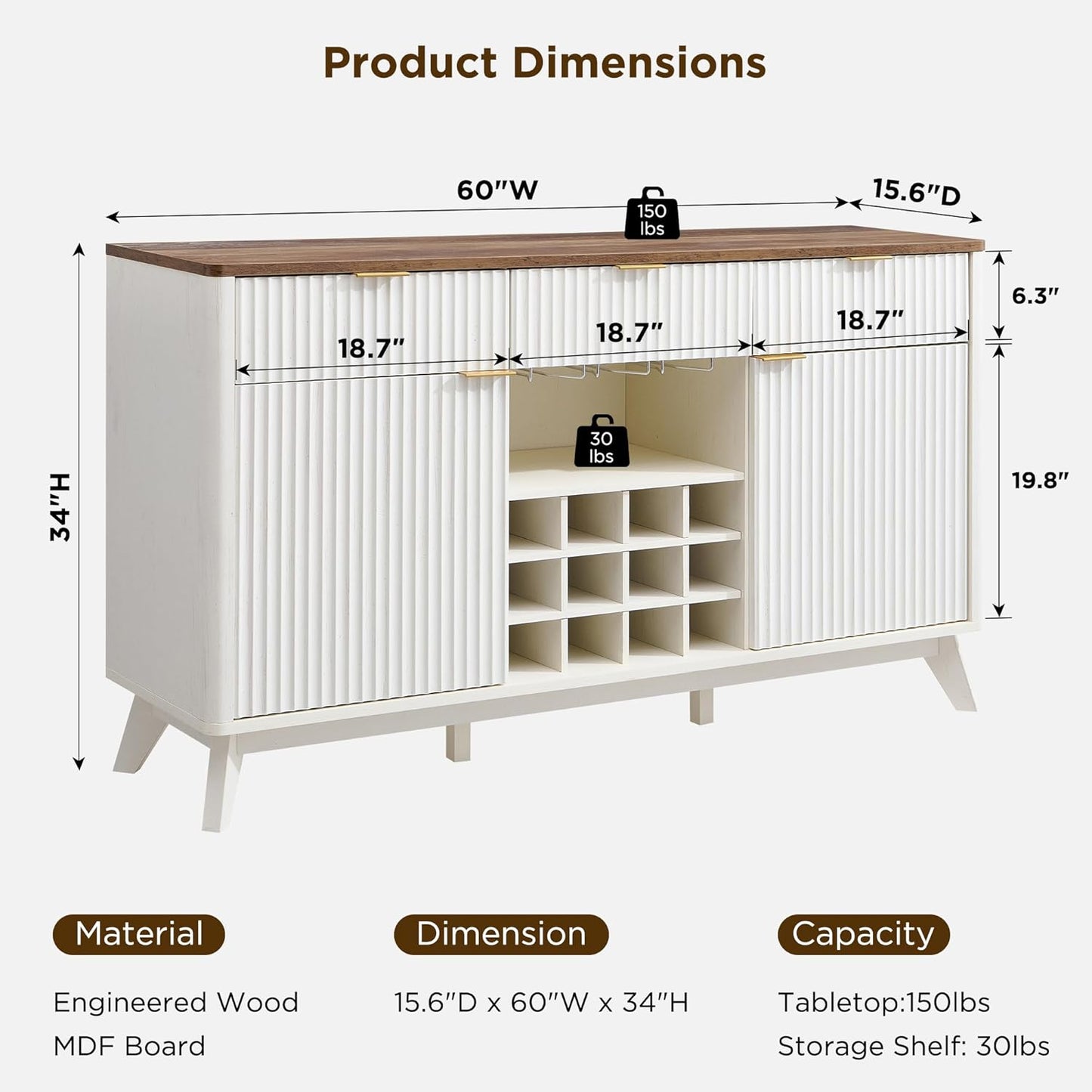 OKD 60" Fluted Buffet Cabinet with Storage - 3 Drawers and 2 Doors, Mordern Wine & Coffee Bar Cabinet with Wine and Glass Racks, Sideboard with Adjustable Shelves for Kitchen, Dining Room,Solid White