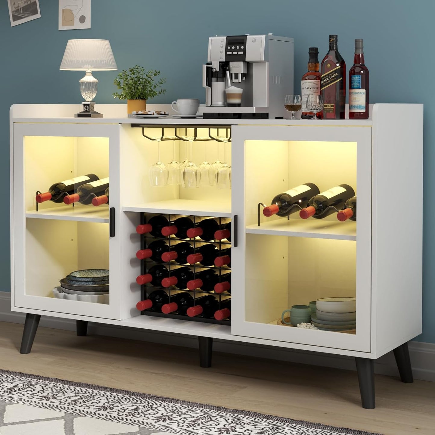 Loomie Wine Bar Cabinet with LED Light, Home Coffee Cabinet with Wine Rack and Glass Holder, Kitchen Buffet Sideboard W Storage Shelf, Freestanding Liquor Cabinet for Living Room, Dining Room (Black)