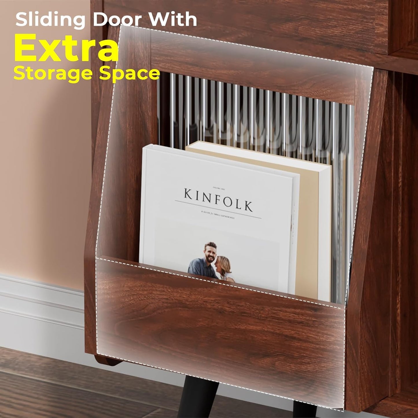 Large Record Player Stand with Sliding Door,350 Vinyl Record Storage Cabinet, Record Player Table with Power Outlet and LED Light,Turntable Stand with Wood Legs for Living Room,Bedroom,Office