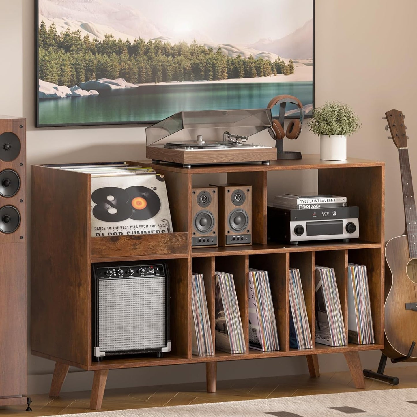 LELELINKY Large Record Player Stand, Turntable Stand with Storage, Vinyl Record Holder with Display Area, Record Player Table Holds Up to 300 Albums, Record Stand for Music Room Living Room-Natural