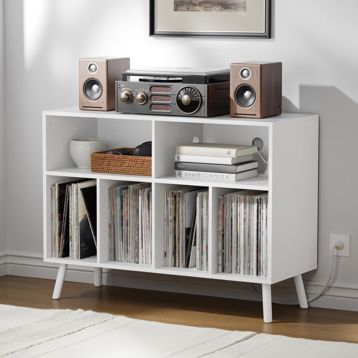 Cozy Castle Record Player Stand with Vinyl Storage Cabinet, Wood Turntable Table Open Shelf Holder Up to 350 Albums Cube Storage Organizer for Living Room, Office, Brown