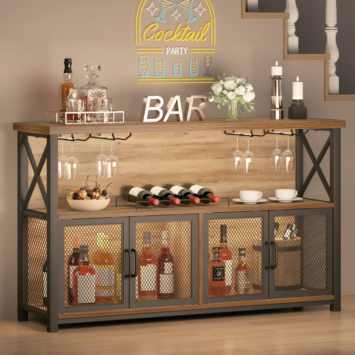 LVB Industrial Coffee Bar Cabinet, Farmhouse Wine Bar Cabinet for Liquor and Glasses, Metal Wood Sideboard Buffet Liquor Cabinet and Wine Rack with Storage for Home Dining Kitchen, Rustic Brown, 47 In