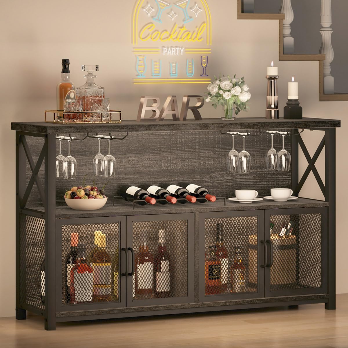 LVB Industrial Coffee Bar Cabinet, Farmhouse Wine Bar Cabinet for Liquor and Glasses, Metal Wood Sideboard Buffet Liquor Cabinet and Wine Rack with Storage for Home Dining Kitchen, Rustic Brown, 47 In