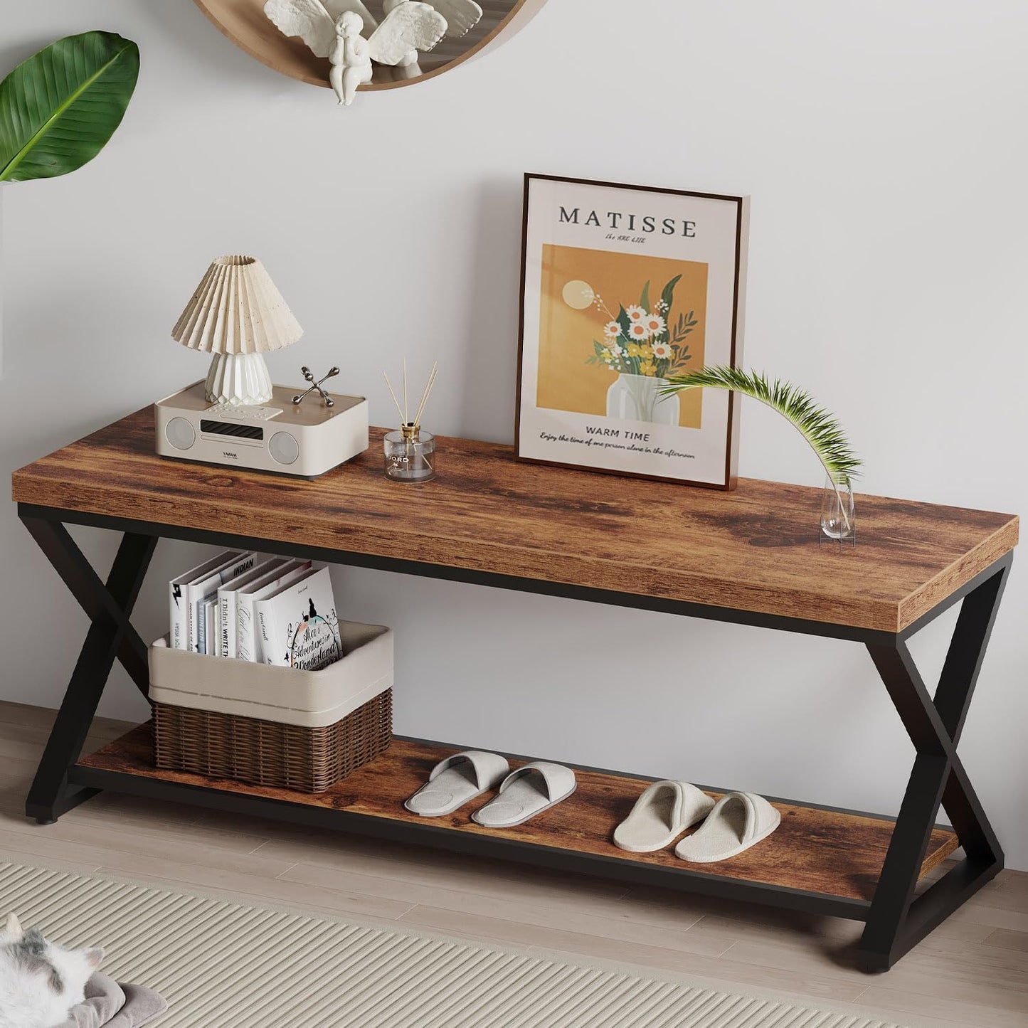 IBF Wooden Bench Indoor, Wood Entry Way Bench with Shoe Storage Rack for Entryway, Industrial Entryway Bench Seat for Foyer Bedroom Living Room Entrance Organization, Rustic Brown Oak, 39 Inch Long