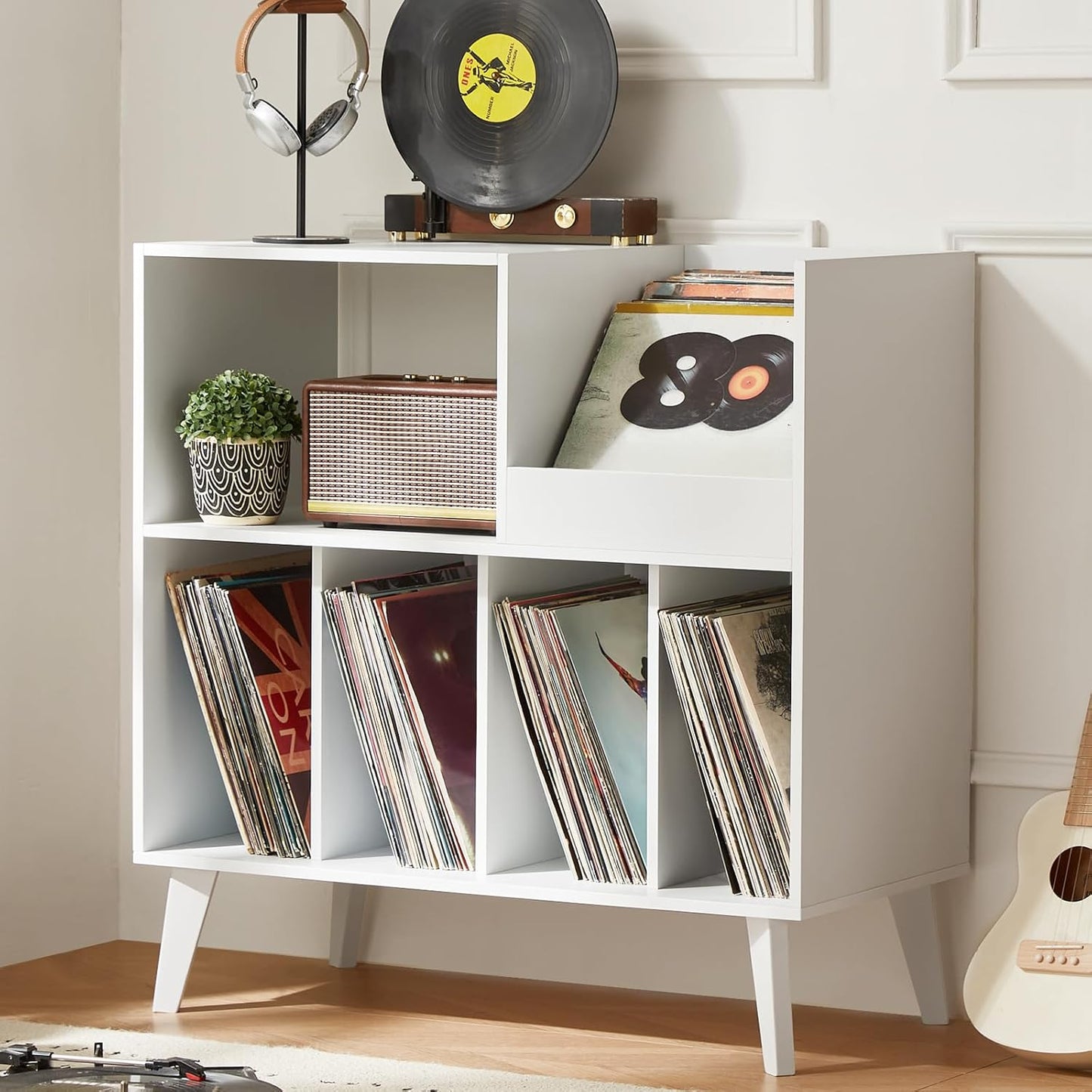 LELELINKY Large Record Player Stand, Turntable Stand with Storage, Vinyl Record Holder with Display Area, Record Player Table Holds Up to 300 Albums, Record Stand for Music Room Living Room-Natural