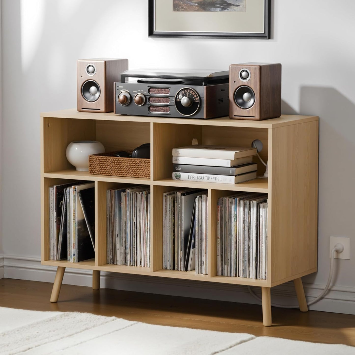 Cozy Castle Record Player Stand with Vinyl Storage Cabinet, Wood Turntable Table Open Shelf Holder Up to 350 Albums Cube Storage Organizer for Living Room, Office, Brown