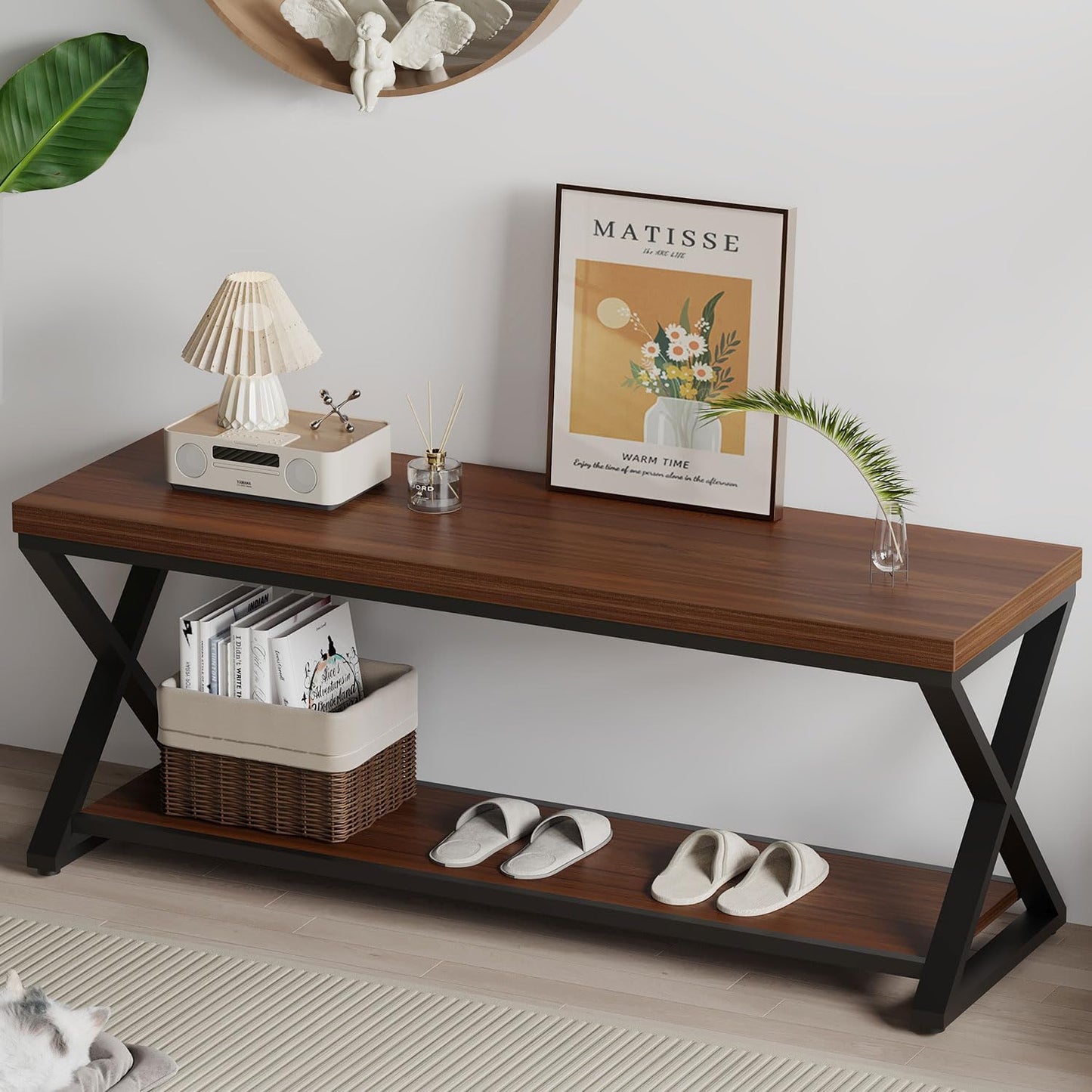 IBF Wooden Bench Indoor, Wood Entry Way Bench with Shoe Storage Rack for Entryway, Industrial Entryway Bench Seat for Foyer Bedroom Living Room Entrance Organization, Rustic Brown Oak, 39 Inch Long