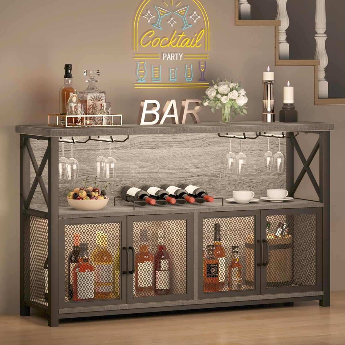 LVB Industrial Coffee Bar Cabinet, Farmhouse Wine Bar Cabinet for Liquor and Glasses, Metal Wood Sideboard Buffet Liquor Cabinet and Wine Rack with Storage for Home Dining Kitchen, Rustic Brown, 47 In