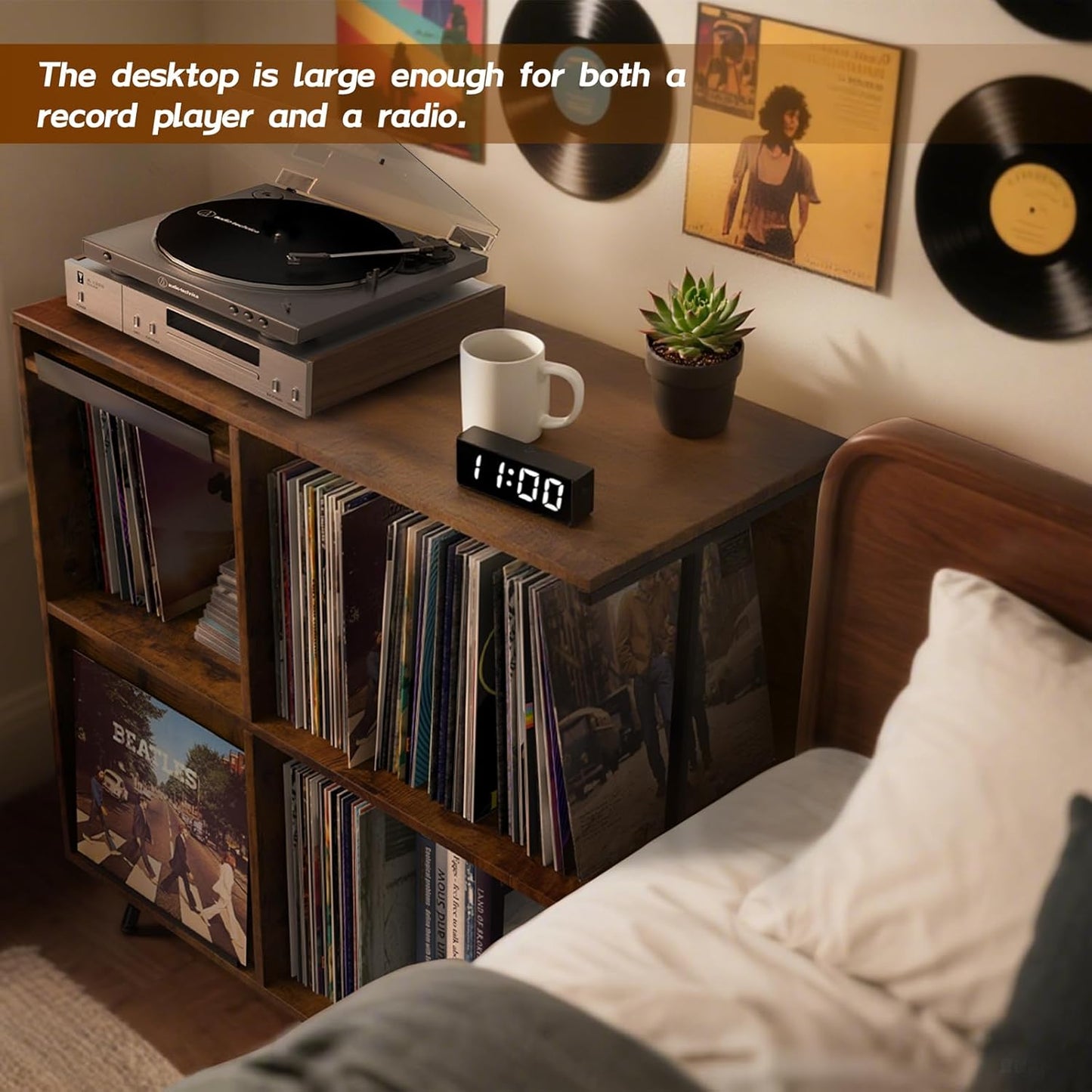 3 Tier Record Player Cabinet, Flip Top Record Player Stand, Mid Century Record Player Table with Shelves Holds up to 300+ Albums, Vinyl Record Storage with 4 U-Dividers for Living Room Bedroom, Brown