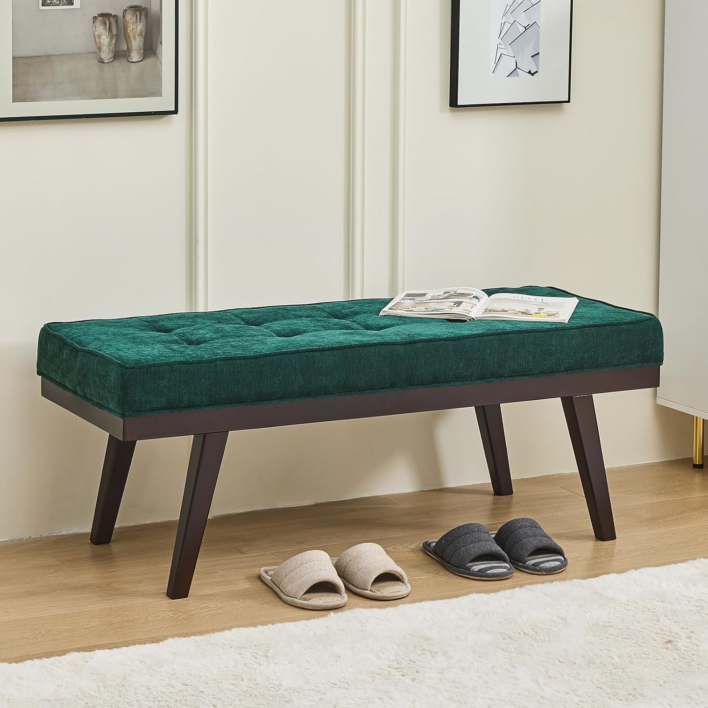 47.2" Button-Tufted Entryway Bench, Upholstered Faux Leather Ottoman Bedroom Bench, Rubberwood End of Bed Footrest Stool, Bench for Entryway Dining Room Living Room Bedroom, 300 LB, Brown