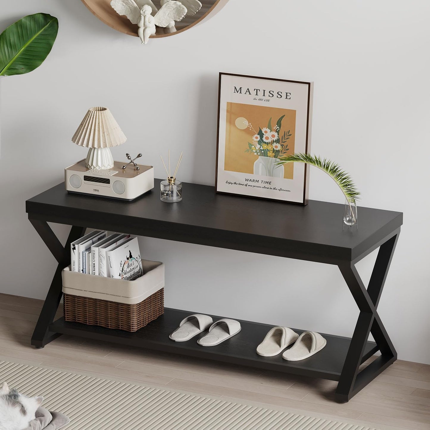 IBF Wooden Bench Indoor, Wood Entry Way Bench with Shoe Storage Rack for Entryway, Industrial Entryway Bench Seat for Foyer Bedroom Living Room Entrance Organization, Rustic Brown Oak, 39 Inch Long