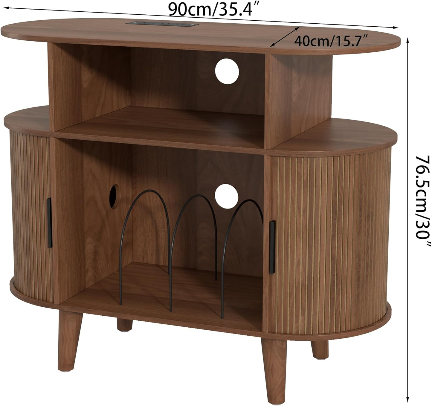 Round Record Player Stand, Mid-Century Record Player Table, Vinyl Record Player Shelf with Power Outlet Sideboard Buffet Cabinet, Storage Shelf for Living Room (Brown)