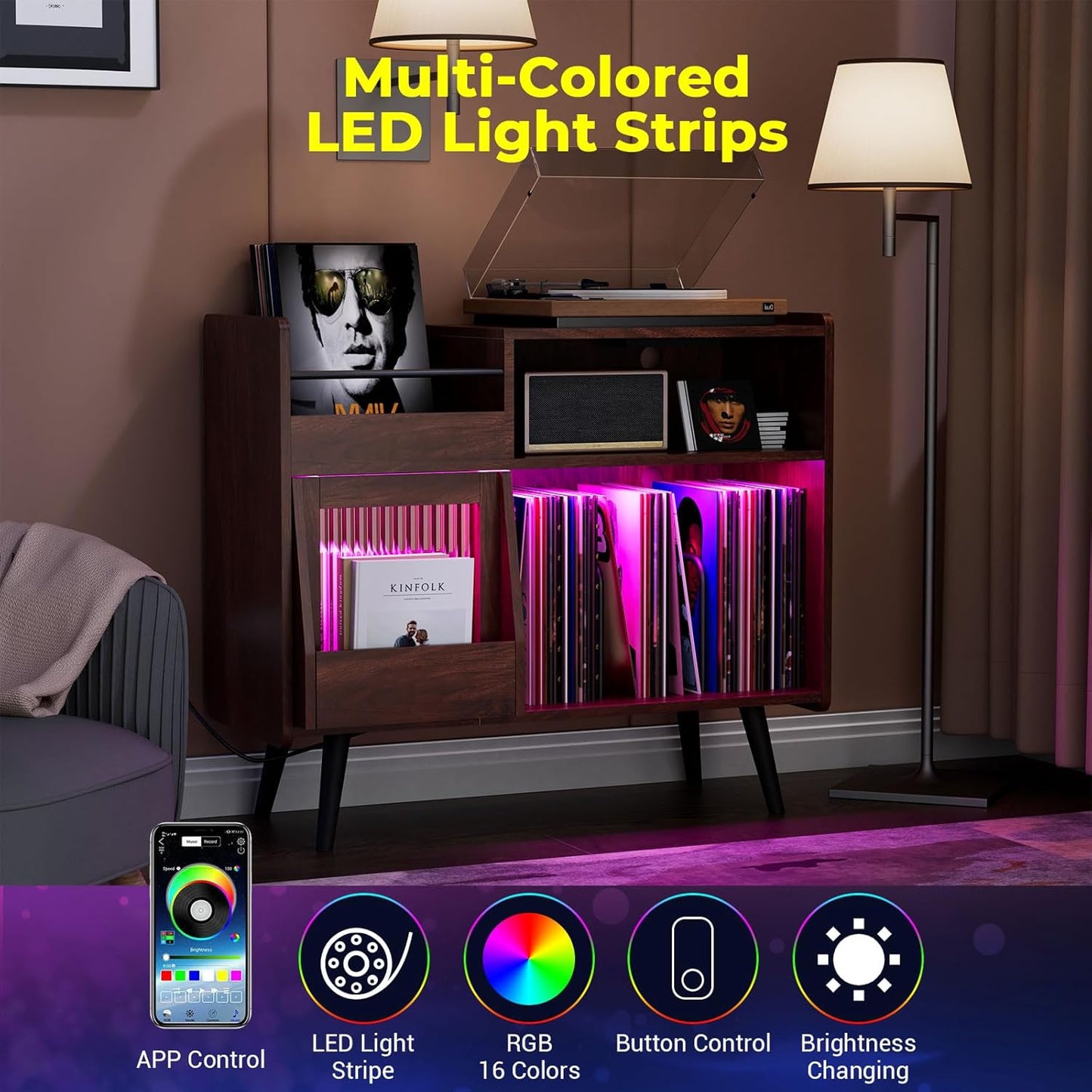 Large Record Player Stand with Sliding Door,350 Vinyl Record Storage Cabinet, Record Player Table with Power Outlet and LED Light,Turntable Stand with Wood Legs for Living Room,Bedroom,Office