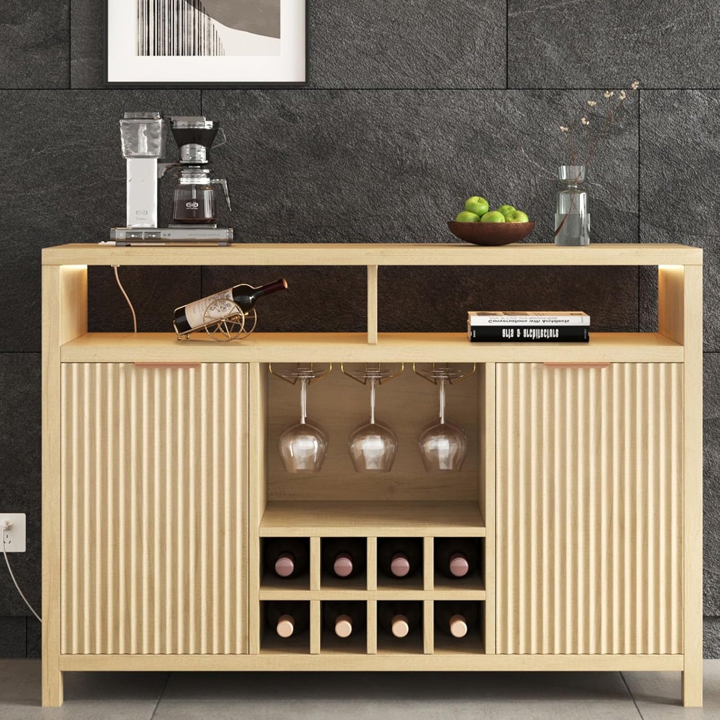 Fluted Home Bar Wine Cabinet with LED Light, Charging Station, Wine Rack - Buffet Cabinet with Storage, Coffee Bar Table, Stylish Fluted Credenza Cabinet for Modern Home Kitchen 47.2" Black