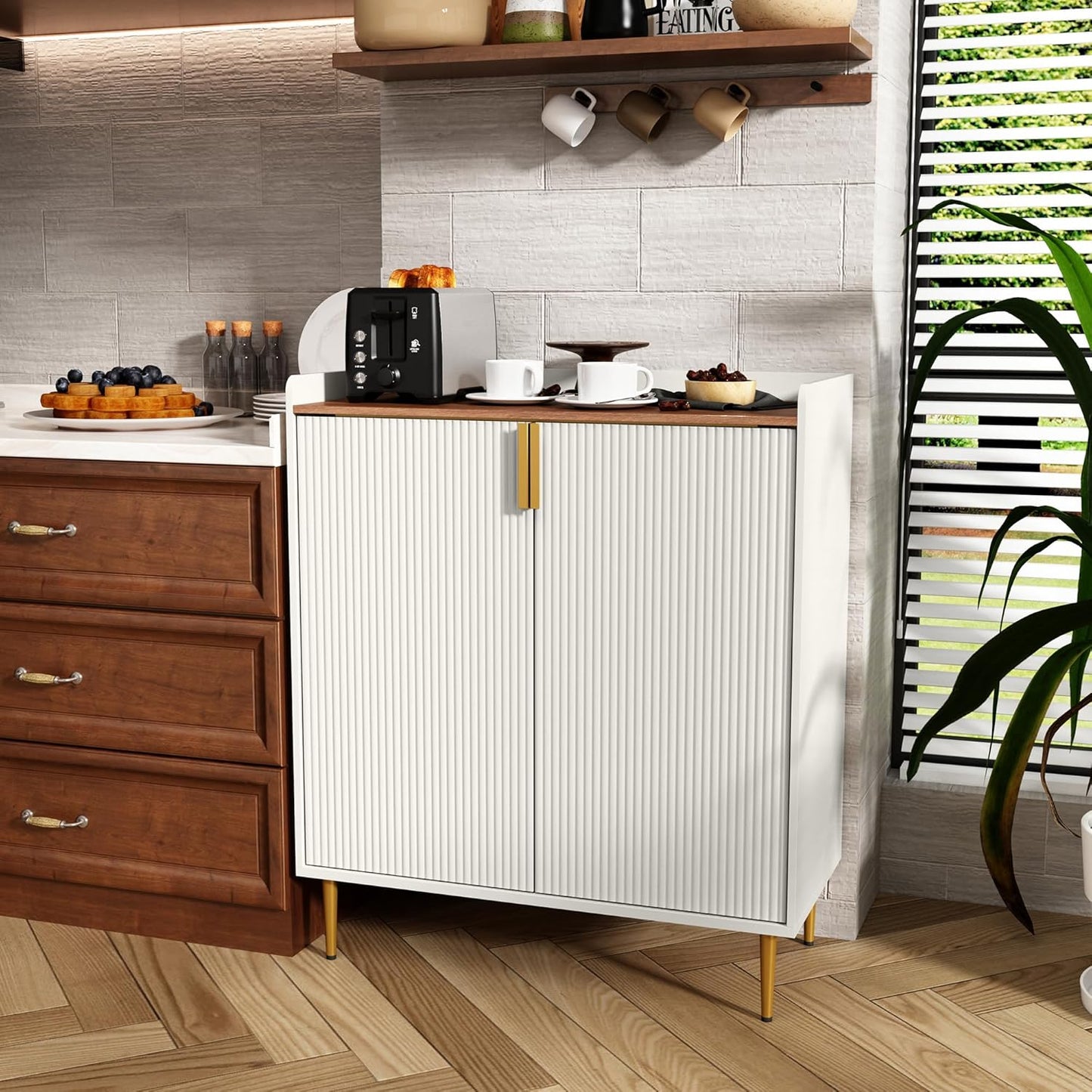 ARTPOWER Wine Bar Cabinet with Fluted Texture, Modern Coffee Cabinet with Wine Rack&Glass Holder, White Kitchen Buffet Sideboard, Freestanding Liquor Cabinet for Dining Room Living Room
