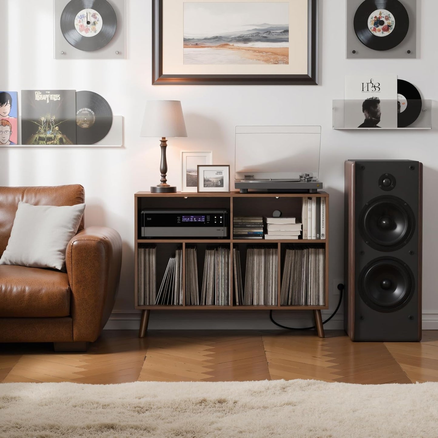 Cozy Castle Record Player Stand with Vinyl Storage Cabinet, Wood Turntable Table Open Shelf Holder Up to 350 Albums Cube Storage Organizer for Living Room, Office, Brown