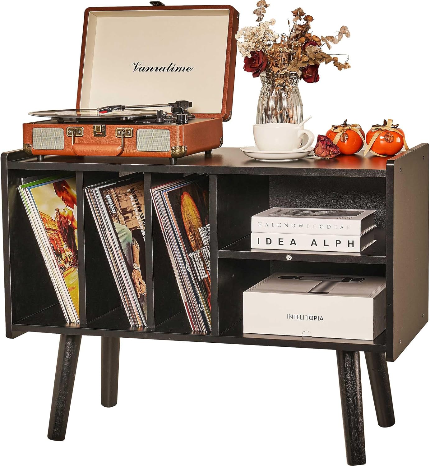 Record Player Stand with Vinyl Storage Holds Up to 300lb, Large Record Player Table Cabinet for Album Storage with Holder Vinyl Display Shelf, Wood Turntable Stand for Bedroom Living Room (Brown)