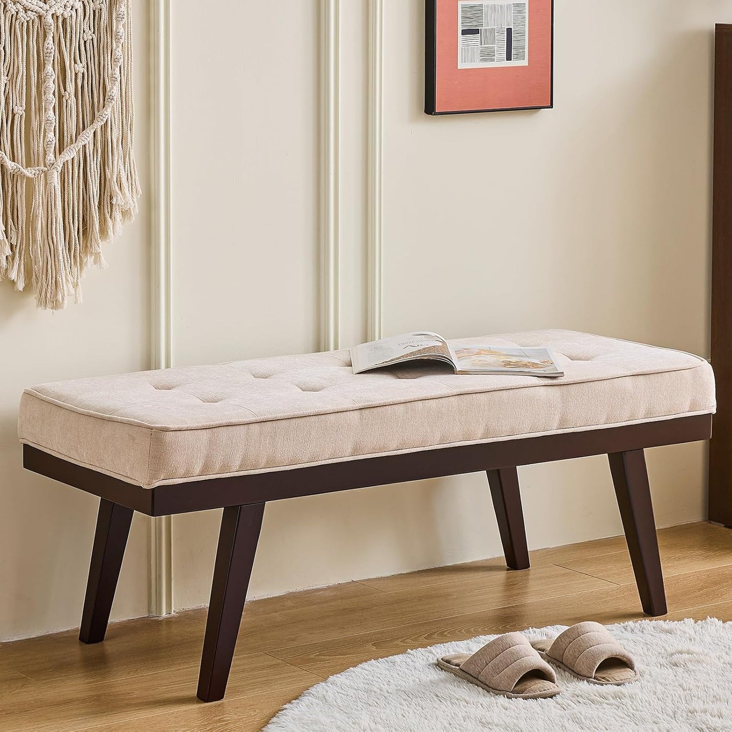 47.2" Button-Tufted Entryway Bench, Upholstered Faux Leather Ottoman Bedroom Bench, Rubberwood End of Bed Footrest Stool, Bench for Entryway Dining Room Living Room Bedroom, 300 LB, Brown
