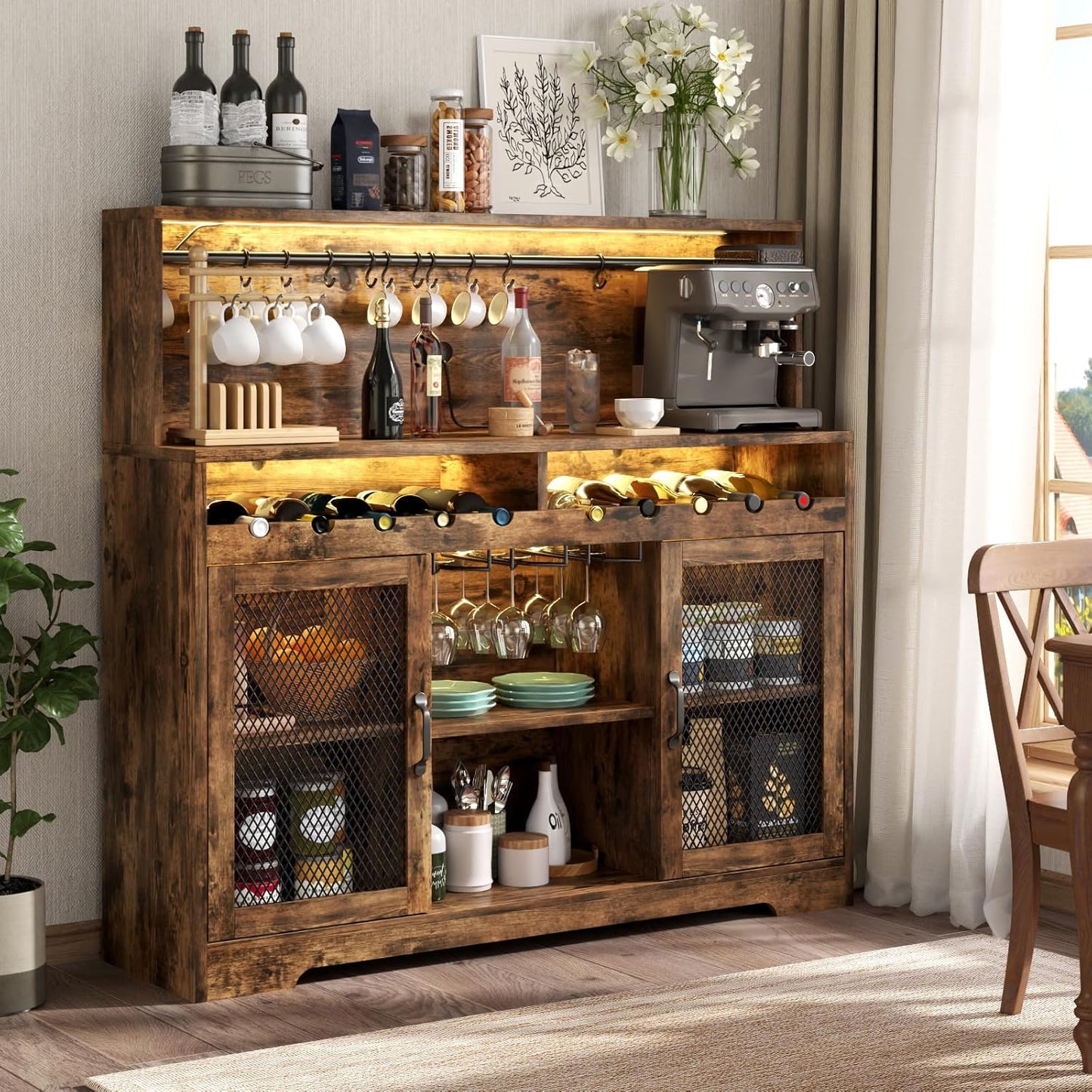 Loomie Wine Bar Cabinet with LED Light, Liquor Cabinet with Glass Holder, Coffee Bar for Liquor, Storage Buffet with Wine Racks, Wine Cabinet with Mesh Door (Rustic)