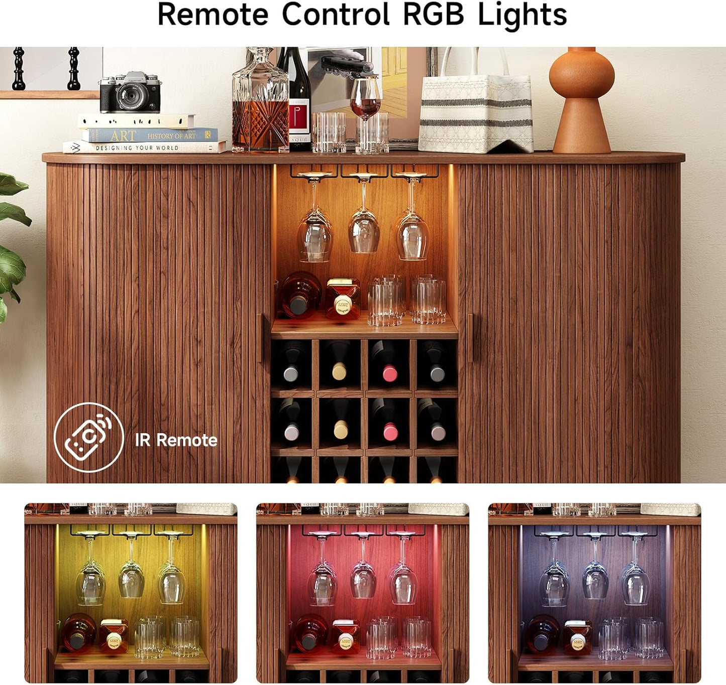 55" Wine Bar Cabinet with LED Light,Modern Liquor Whiskey Coffee Station with Wine Rack and Glass Holder, Farmhouse Buffet Sideboard with Storage for Living Room, Kitchen, Entryway (Walnut)