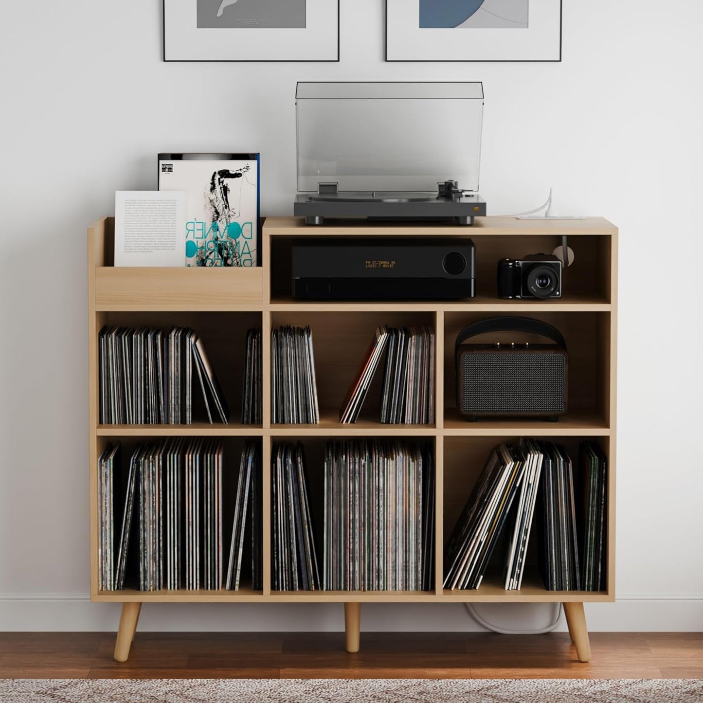 Cozy Castle Large Record Player Stand, Vinyl Storage Cabinet Mid Century Modern Turntable Stand Media Console Table Open Shelf Cube CD Album Holder Organizer for Living Room, Office, Rustic Brown