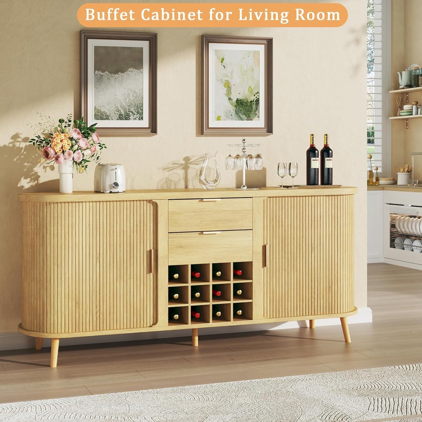 58" Buffet Cabinet with Storage, Fluted Wine Bar Cabinet with Drawers & Adjustable Shelves, Mid-Century Modern Buffet Sideboard with 12 Wine Racks for Kitchen Living Room, Natural Oak