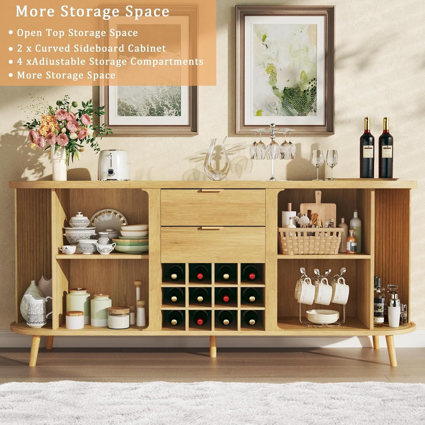58" Buffet Cabinet with Storage, Fluted Wine Bar Cabinet with Drawers & Adjustable Shelves, Mid-Century Modern Buffet Sideboard with 12 Wine Racks for Kitchen Living Room, Natural Oak