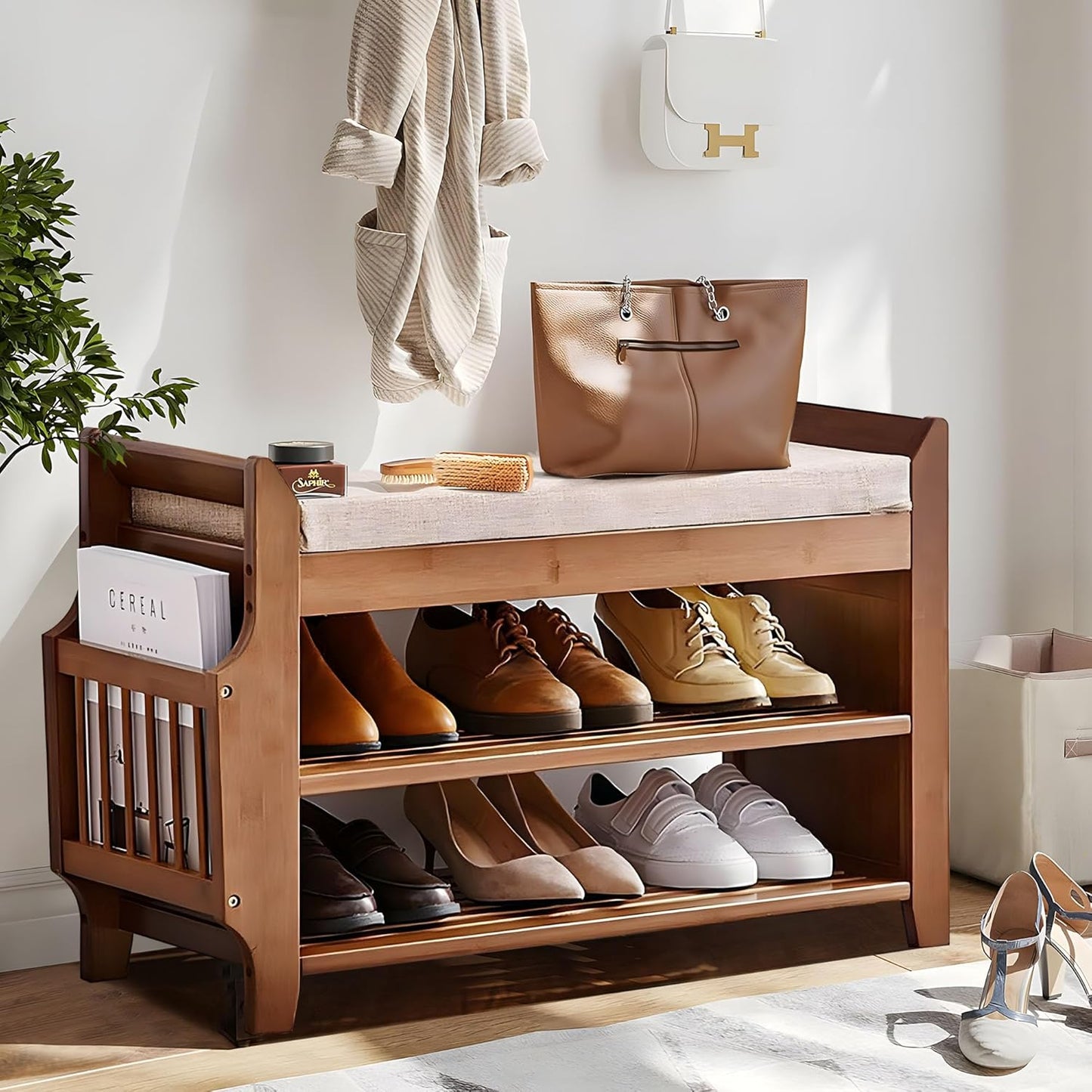 Shoe Bench with Hidden Drawer and Side Holder, 2 Tier Entryway Bench with Storage 39.4 in, Bamboo Shoe Rack with Cushion for Entryway Hallway Living Room Bedroom