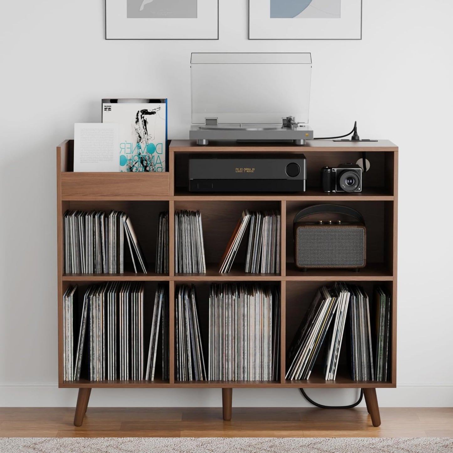 Cozy Castle Large Record Player Stand, Vinyl Storage Cabinet Mid Century Modern Turntable Stand Media Console Table Open Shelf Cube CD Album Holder Organizer for Living Room, Office, Rustic Brown