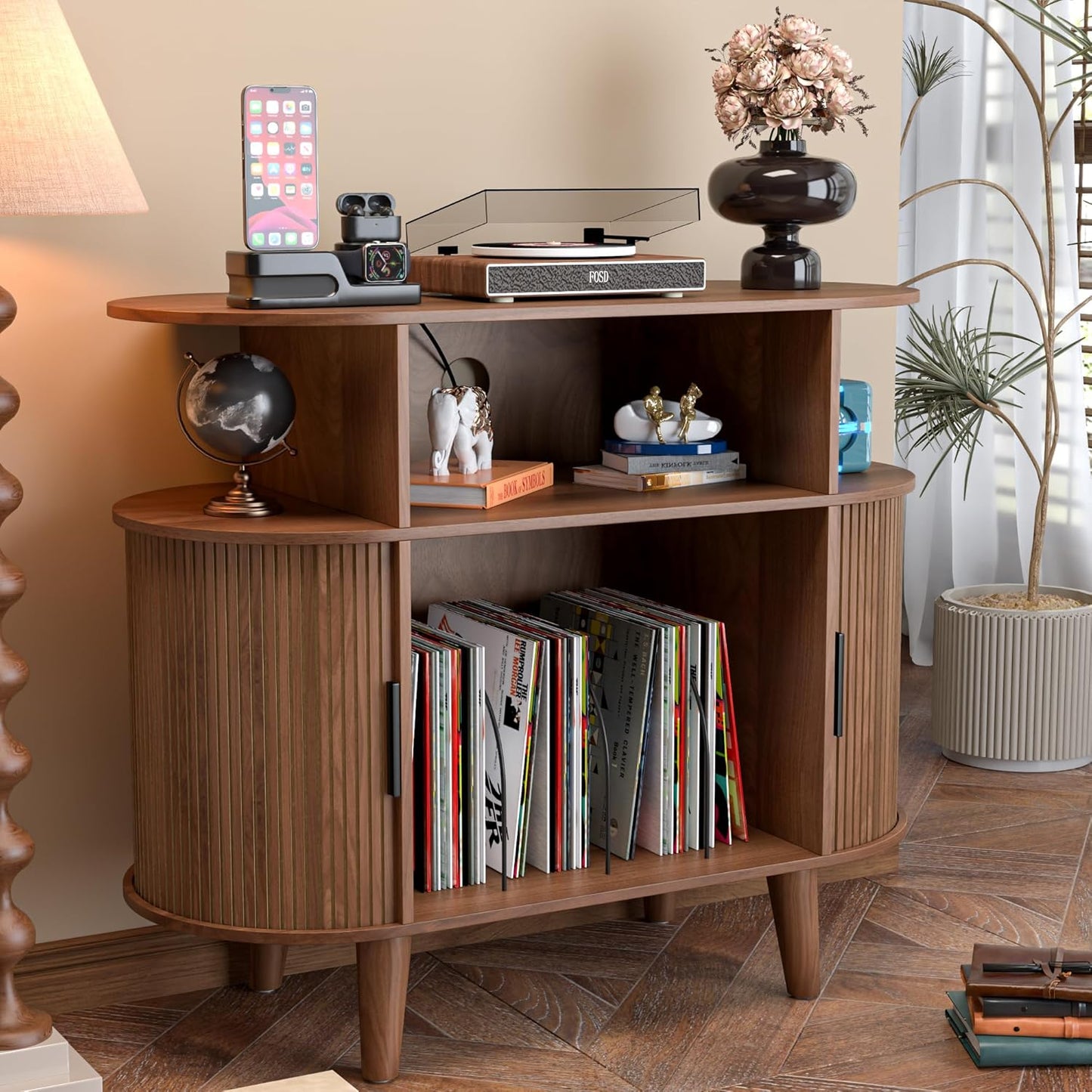 Large Round Record Player Stand with Charging Station & USB Ports,Record Storage Cabinet, Mid Century Modern Turntable Stand for Bedroom Living Room (Small Brown)