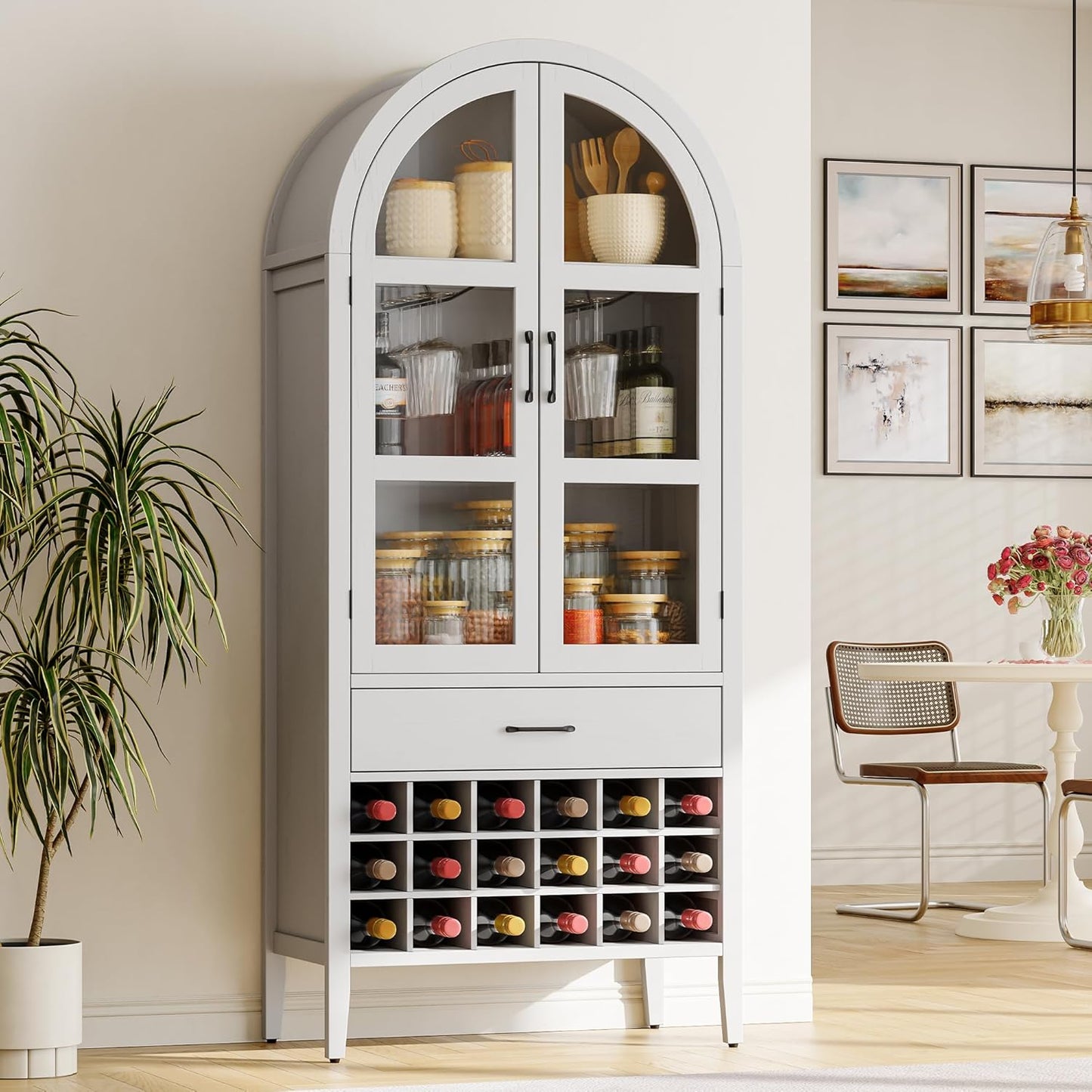 71" Tall Wine Bar Cabinet, Arched Storage Cabinets with Door, Whiskey Station with Wine Rack and Glass Holder, Liquor Bar Cabinet for Home Kitchen Living Dining Room (Off White)