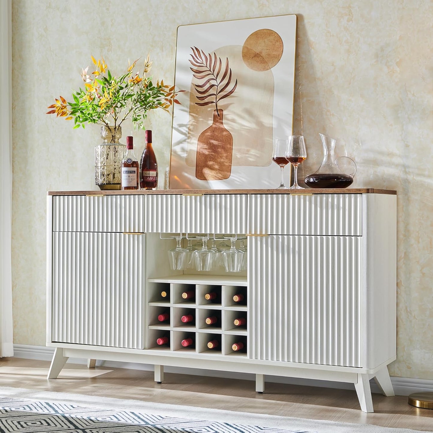 OKD 60" Fluted Buffet Cabinet with Storage - 3 Drawers and 2 Doors, Mordern Wine & Coffee Bar Cabinet with Wine and Glass Racks, Sideboard with Adjustable Shelves for Kitchen, Dining Room,Solid White