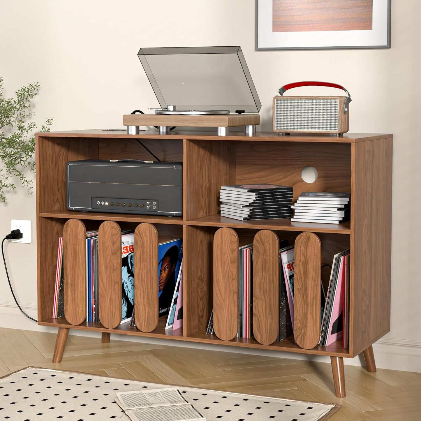 Large Record Player Stand, Vinyl Record Storage Holder, Record Player Table with Power Outlet, Turntable Stand with Wood Legs for Living Room, Office (Walnut)