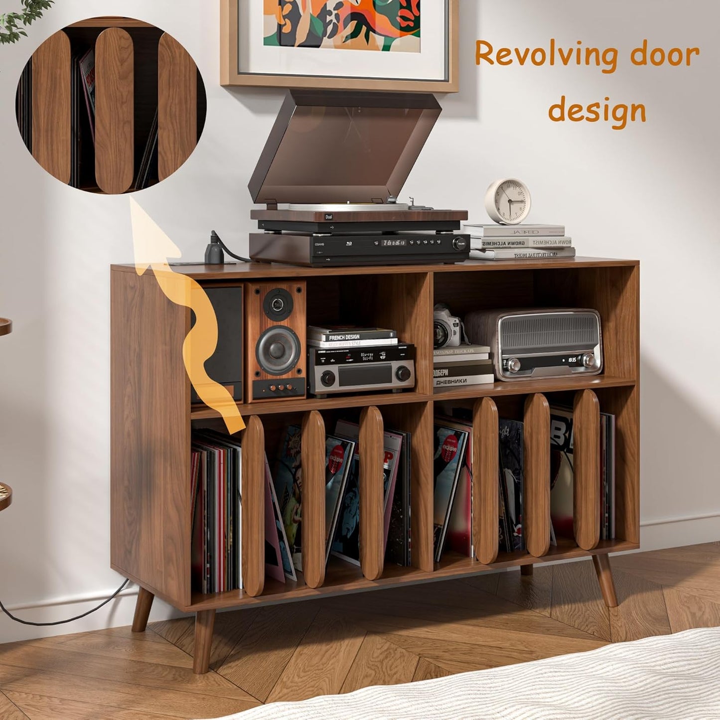 Large Record Player Stand, Vinyl Record Storage Holder, Record Player Table with Power Outlet, Turntable Stand with Wood Legs for Living Room, Office (Walnut)