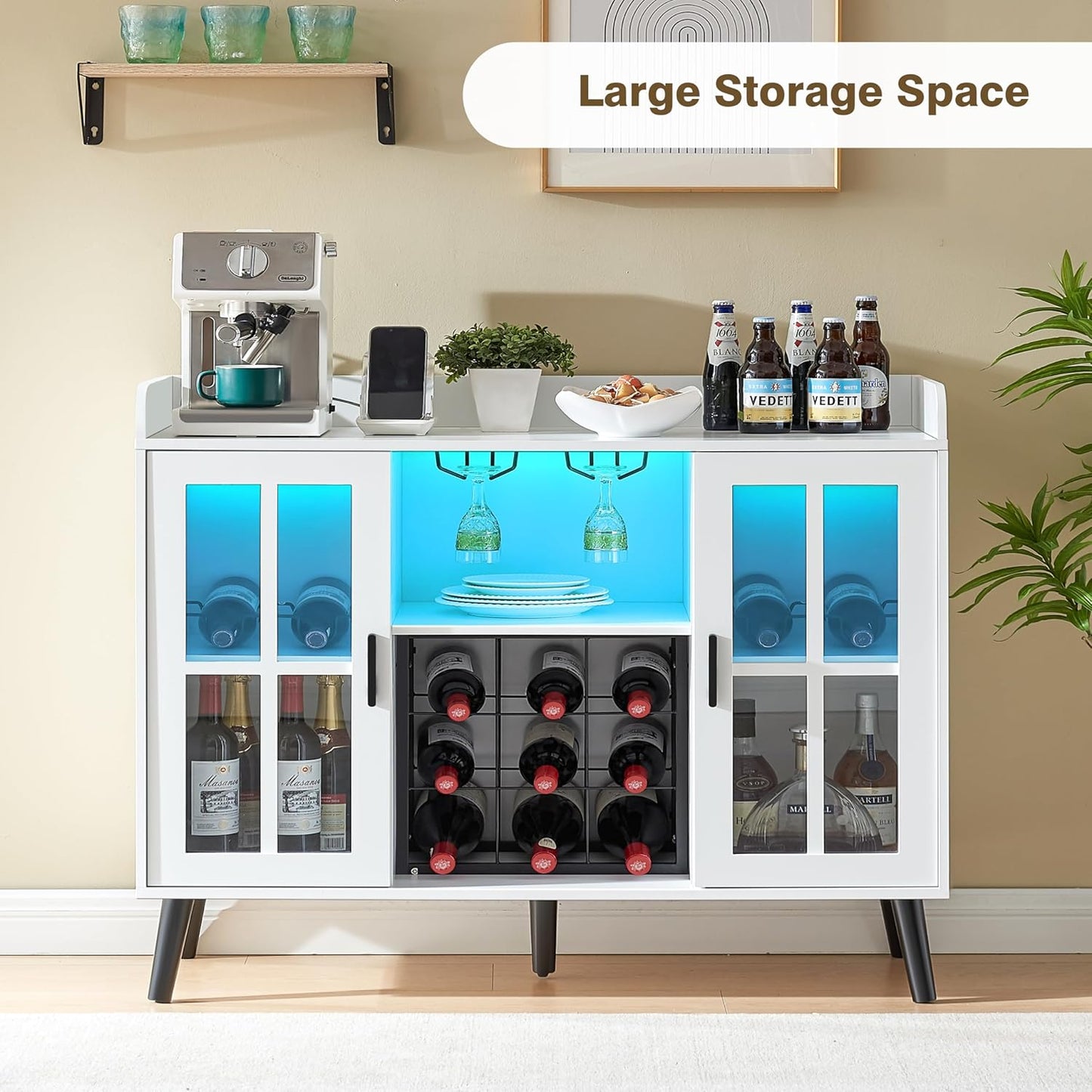 Wine Bar Cabinet with LED Light, Coffee Bar Cabinet with Storage and Outlet, Kitchen Buffet Sideboard with Wine Rack and Glass Holder, Modern Liquor Cabinets for Home Dining Room, White