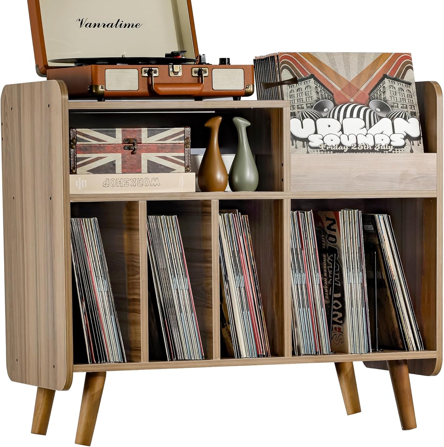 Record Player Stand, Large Record Player Table Cabinet with Open Vinyl Storage and Display Shelf Holds up to 350 Albums, Mid Century Wood Turntable for Living Room, Bedroom (Brown)
