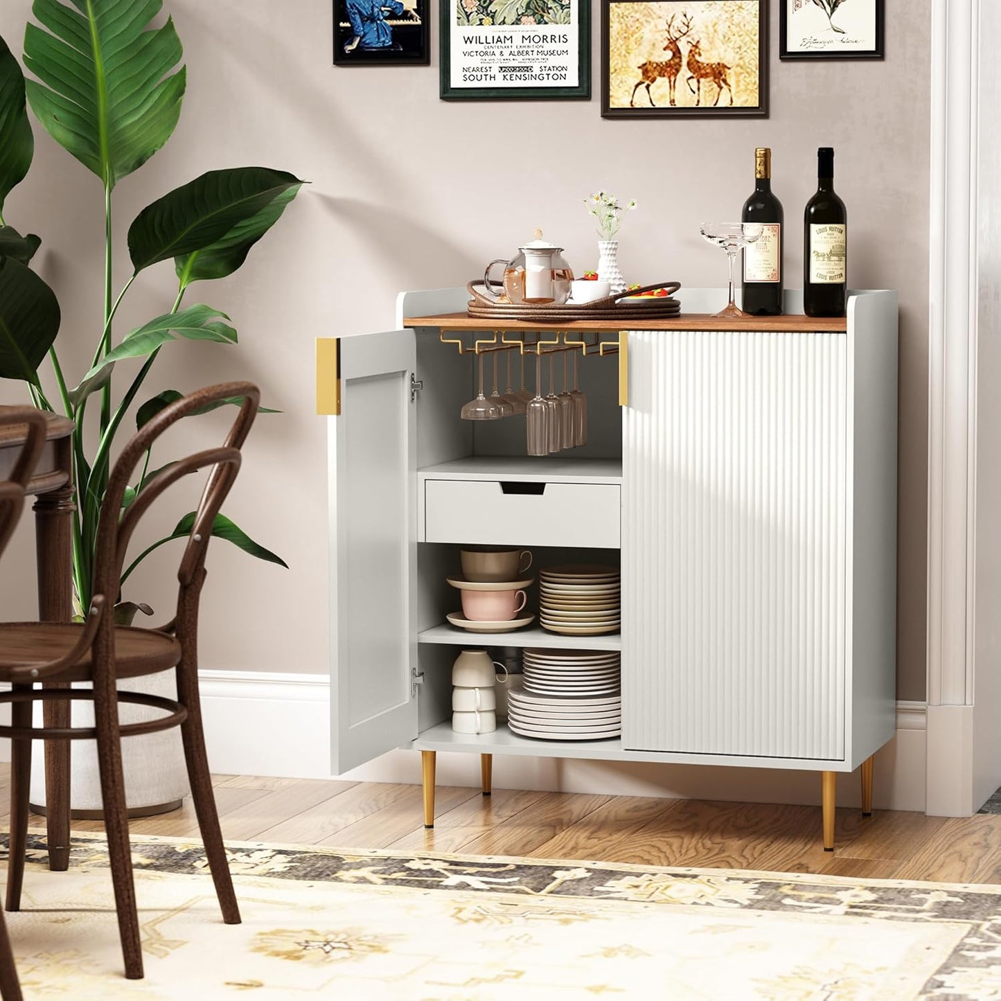 ARTPOWER Wine Bar Cabinet with Fluted Texture, Modern Coffee Cabinet with Wine Rack&Glass Holder, White Kitchen Buffet Sideboard, Freestanding Liquor Cabinet for Dining Room Living Room
