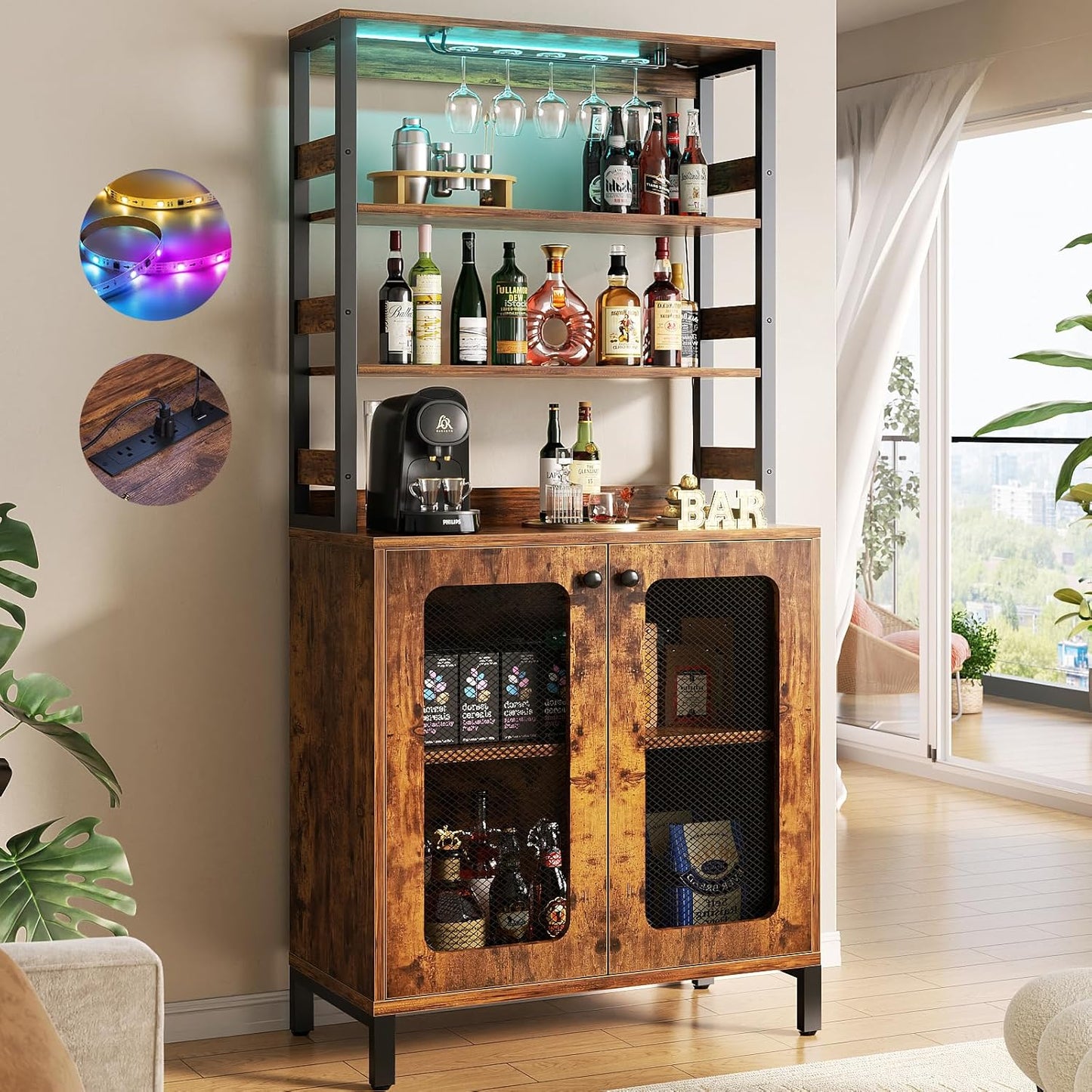 Aheaplus Bar Cabinet with Power Outlets, 67" Tall Wine Bar Cabinet Liquor Cabinets with LED Lights and Glass Holder, Coffee Bars Station for Living Room, Microwave Stand Bakers Rack Cabinets, Black