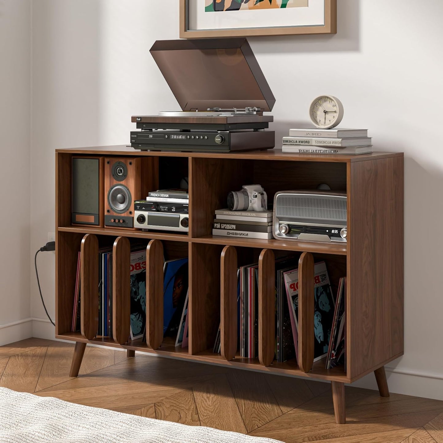 Large Record Player Stand, Vinyl Record Storage Holder, Record Player Table with Power Outlet, Turntable Stand with Wood Legs for Living Room, Office (Walnut)