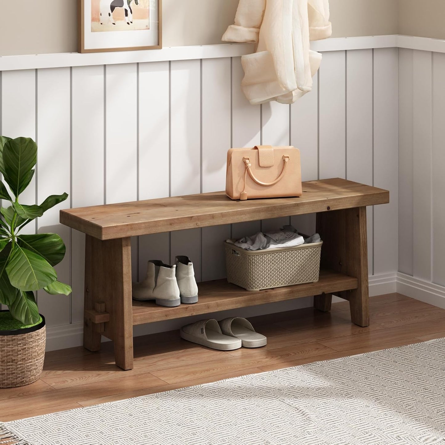 Solid Wood Entryway Bench - 43.3" Farmhouse Long Storage Bench, Rustic Narrow Bench Seat for Indoor, Entryway, Dining Room, Living Room and Hallway, Brown