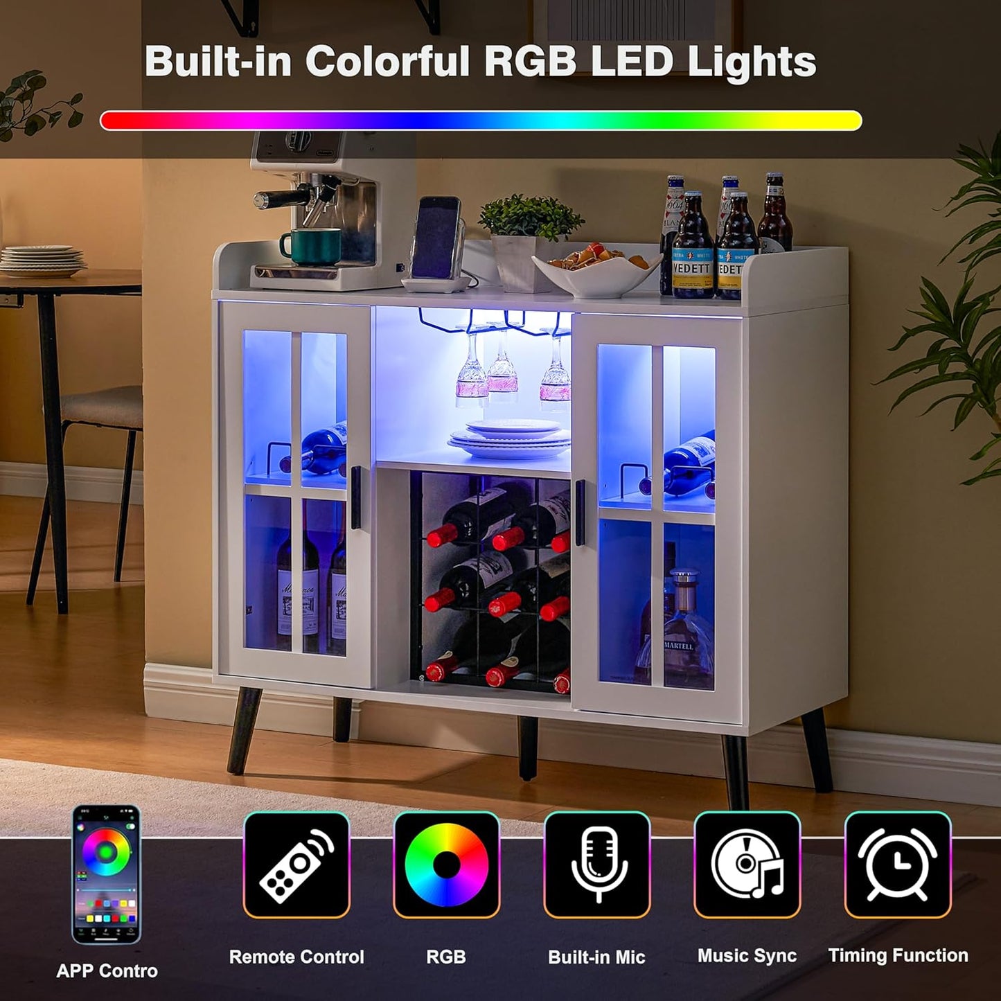 Wine Bar Cabinet with LED Light, Coffee Bar Cabinet with Storage and Outlet, Kitchen Buffet Sideboard with Wine Rack and Glass Holder, Modern Liquor Cabinets for Home Dining Room, White