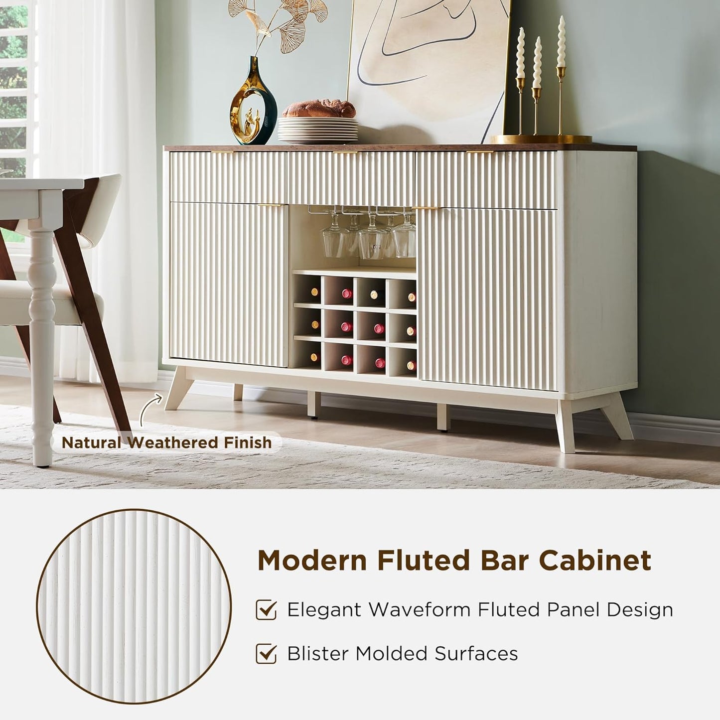 OKD 60" Fluted Buffet Cabinet with Storage - 3 Drawers and 2 Doors, Mordern Wine & Coffee Bar Cabinet with Wine and Glass Racks, Sideboard with Adjustable Shelves for Kitchen, Dining Room,Solid White
